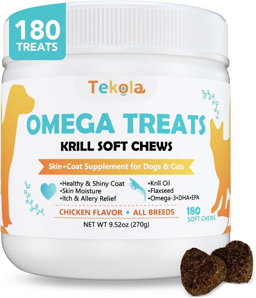 180 Tygger Omega 3 for hunde og katte - med krill - Hud og Coat supplement - Tør & Itchy hudlindring - Allergi Relief - Shiny Coats - Ingen afføring - EPA & DHA, Vitaminer og mineraler - Kylling Flavor