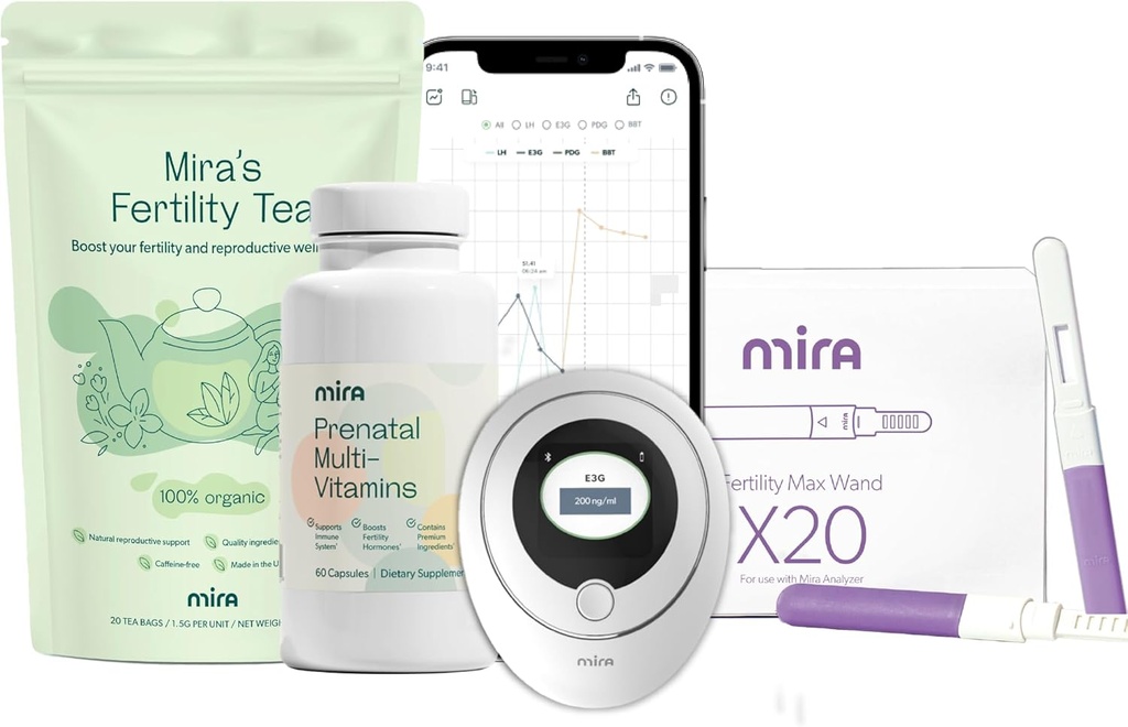 Mira graviditet Bundle for at forsøge at conceive, Digital Fertilitet og ovulation Kit med 20 Max Test Wands, 1 flaske Mira prenatal Multivitaminer (60 kapsler), & 1 pose Fertilitet Tea (20 Tea Tasker)