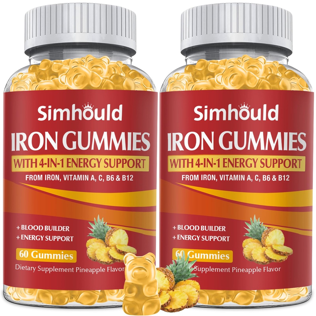 2 Pack Vegan 80MG jerntilskud Gummier for kvinder & mænd - Vitamin A, C, B for voksne & børn - Blod & Builder & Energy Support for jernmangel, anæmi, 120 Counts Pineapple Flavor Gummies