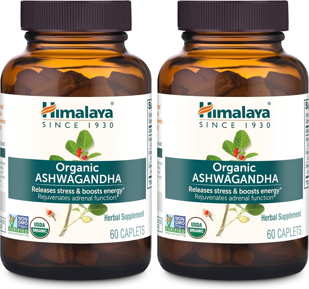 Himalaya Organic Ashwagandha, 120 dages forsyning, urtetilskud til stress Relief, energistøtte, lejlighedsvis søvnløshed, USDA Organic, non-GMO, Vegan, Gluten Free, 670 mg, 60 kapsler, 2 pakker