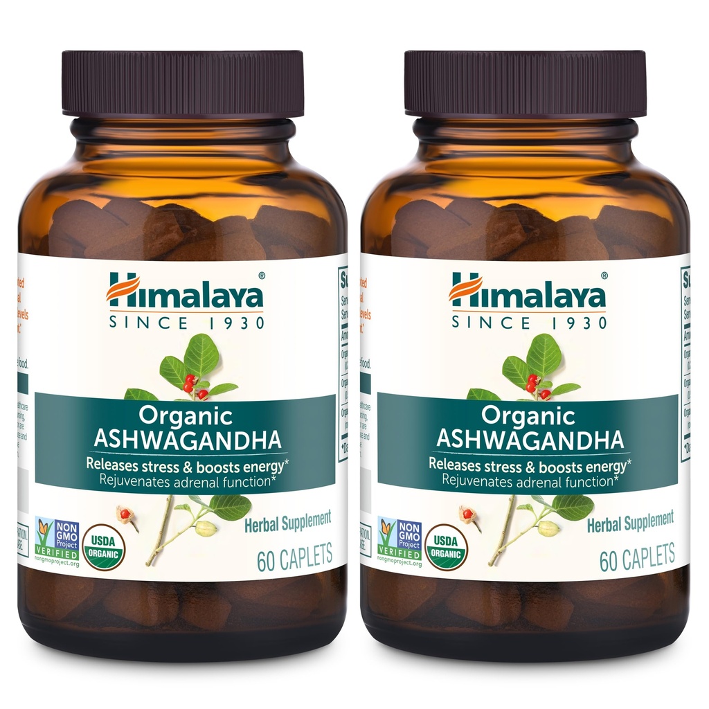 Himalaya Organic Ashwagandha, 120 dages forsyning, urtetilskud til stress Relief, energistøtte, lejlighedsvis søvnløshed, USDA Organic, non-GMO, Vegan, Gluten Free, 670 mg, 60 kapsler, 2 pakker