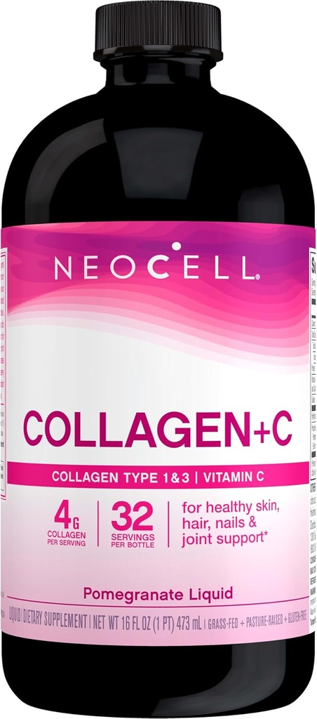 NeoCell Collagen Peptider + C-vitamin Flydende, 4g Collagen Per Serving, Gluten Free, Typer 1 & 3, fremmer sund hud, hår, negle & fælles støtte, Pomegranat, 16 Oz