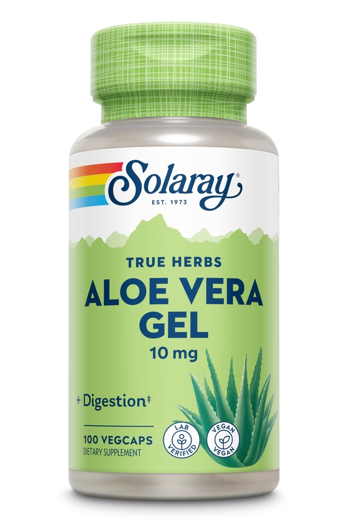 SOLARAY Aloe Vera Gel koncentrat 200X - Ækvivalent med 2000mg Fresh Gel, Aloe Vera kapsler med ingefær, pebermynte og persille, Herbal Wellness Support, Vegan, Non- GMO, 60- Day Garanti, 100 Servere