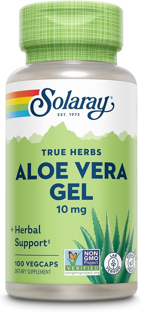 SOLARAY Aloe Vera Gel koncentrat 200X - Ækvivalent med 2000mg Fresh Gel, Aloe Vera kapsler med ingefær, pebermynte og persille, Herbal Wellness Support, Vegan, Non- GMO, 60- Day Garanti, 100 Servere