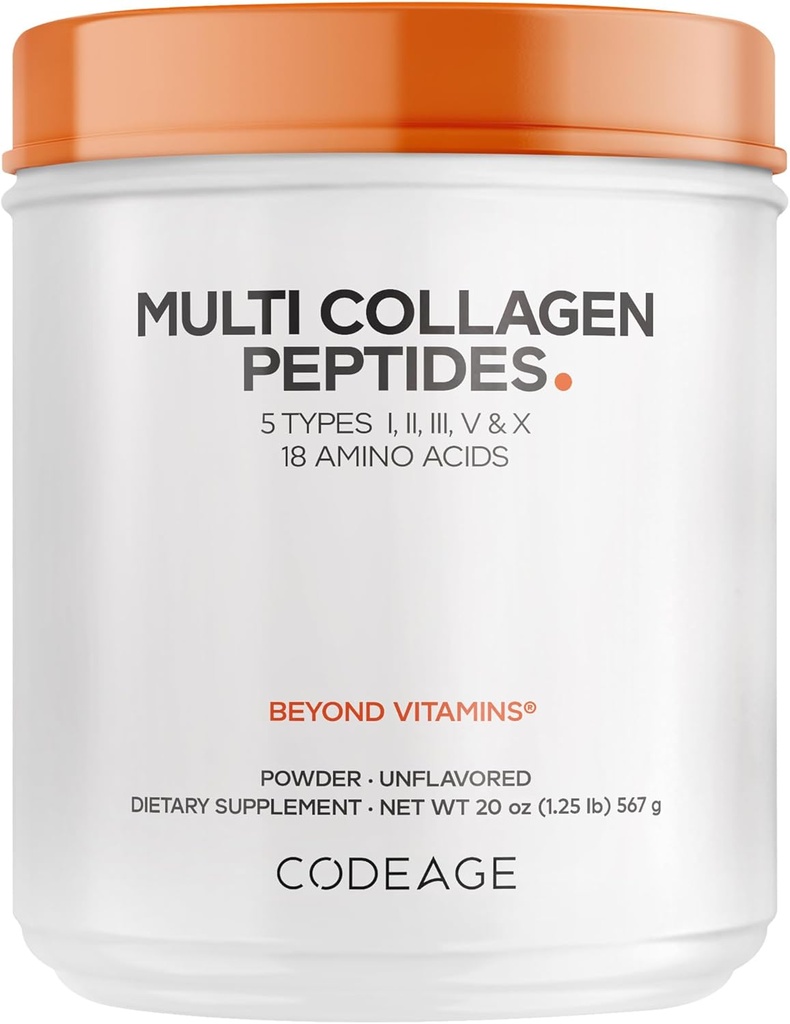 Codeage Multi Collagen Protein Powder Peptider, Hydrolyzed Collagen til kvinder & mænd, Collagen Kosttilskud, Grass Fed Bone Broth, 2-måned Supply, Unflavored, Type 1, 2, 3, 5 & 10, Non- GMO - 20 OZ