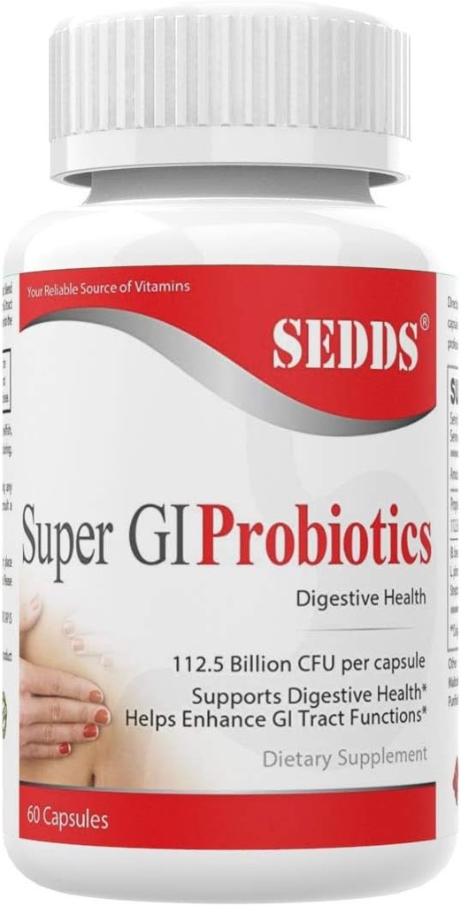 Super GI Probiotika 112,5 Millioner CFU per Servering Understøtter fordøjelsessygdomme & kan Relieve Gastrointestinal Distress ekskl. 124; Højeste potens 8 Strain Formel 124; 60 kapsler