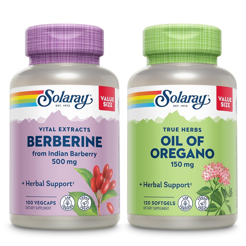 SOLARAY Berberine og olie af Oregano Bundle - Berberine HCl fra indiske bær Plus Oregano Oil supplement til kraftfuld wellness support - 100 VegCaps / 120 Softgels