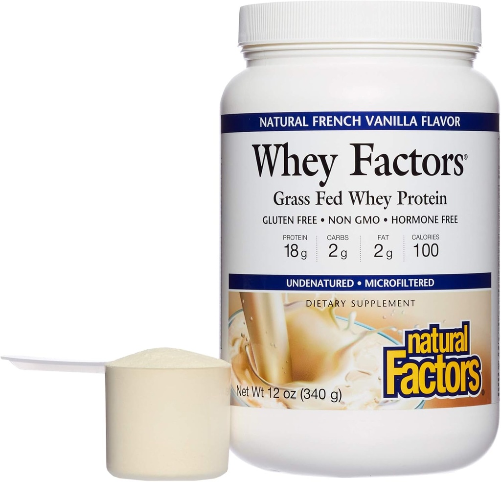Whey Factors by Natural Factors, Grass Fed Whey Protein Concentrate, Aids Muscle Development and Immune Health, French Vanilla, 12 Oz