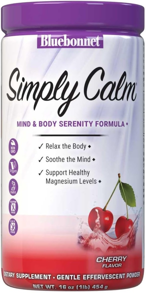 Bluebonnet Nutrition Simply Calm Powder, for rolig *, Muskelkramper *, Stress Relief *, Non-GMO, Vegan, Kosher Certified, Gluten- Free, Soy- Free, Dairy- Free, 16 oz, 82 Servere, Cherry Flavor