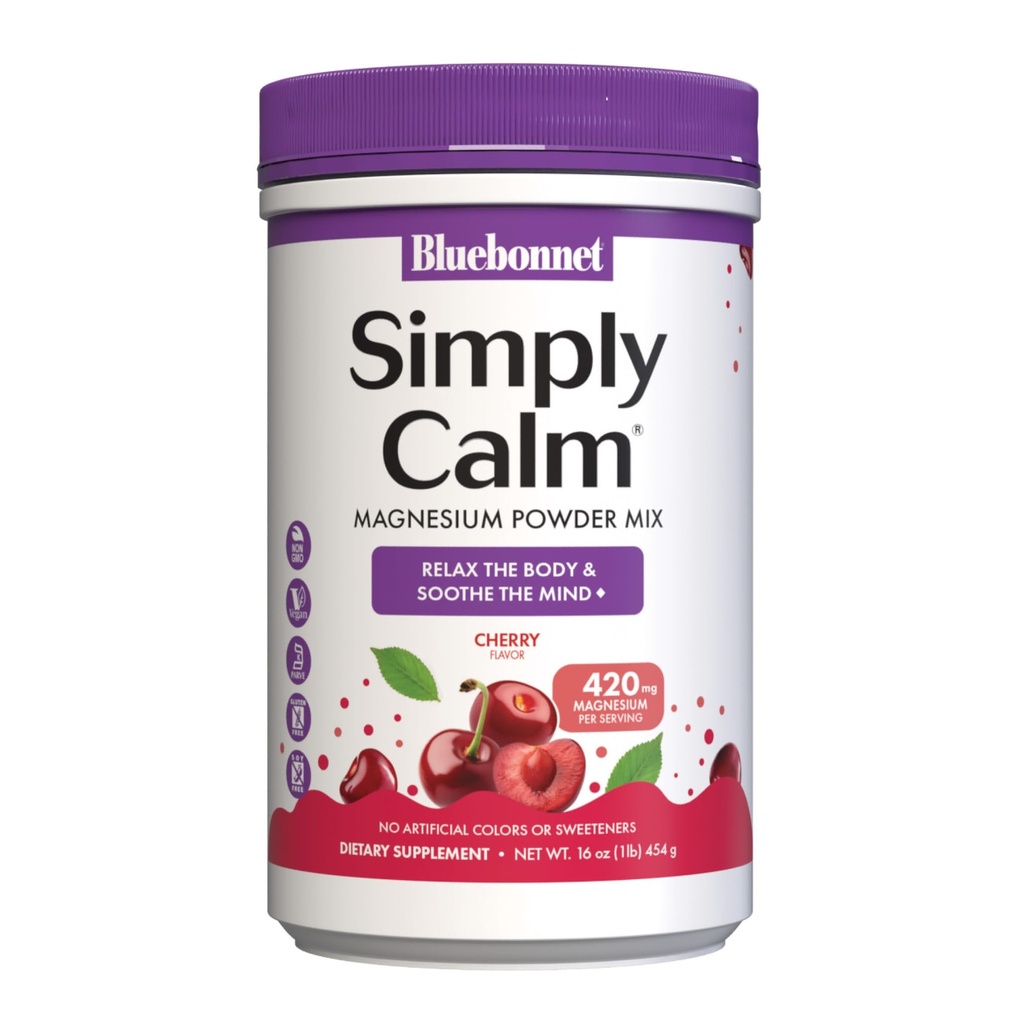 Bluebonnet Nutrition Simply Calm Powder, for rolig *, Muskelkramper *, Stress Relief *, Non-GMO, Vegan, Kosher Certified, Gluten- Free, Soy- Free, Dairy- Free, 16 oz, 82 Servere, Cherry Flavor