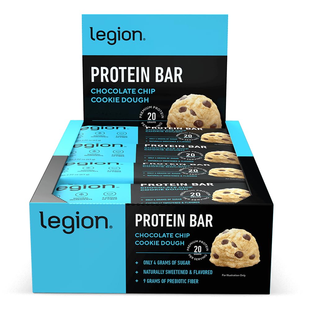 Legion Chocolate Chip Cookie Dough Protein Bar - 100% Whey Protein Bars Lavsukker High Protein med Prebiotic Fiber - Soy- Free, Gluten Free, naturligt aromatiseret, Lavfedt, High Protein Bars (12 Greve)