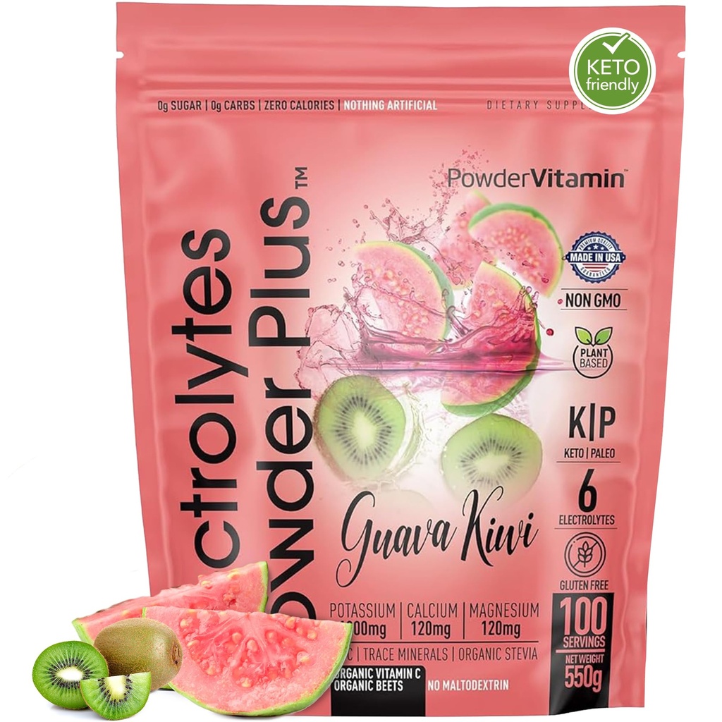PowderVitamin Electrolytes Powder Plus (100 Servere) Guava Kiwi Electrolyte Powder, Zero Calorie, Keto, 0 Sugar, No Maltodextrin, 1000mg Kalium, 120mg Calcium, 120mg Magnesium, Hydrationspulver