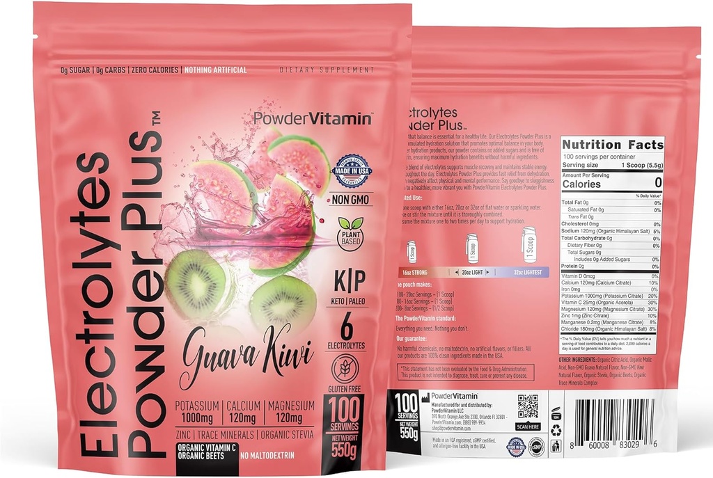 PowderVitamin Electrolytes Powder Plus (100 Servere) Guava Kiwi Electrolyte Powder, Zero Calorie, Keto, 0 Sugar, No Maltodextrin, 1000mg Kalium, 120mg Calcium, 120mg Magnesium, Hydrationspulver