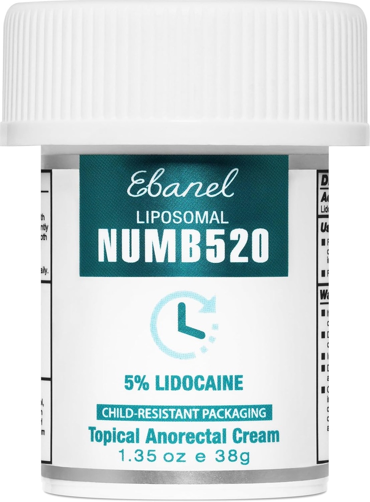 Ebanel 5% Lidocain Numbing Cream, Smerte Relief Burn Itch Numb Cream, Maksimal styrke Tematisk anæstesi med Allantoin, E-vitamin til lokale og anorektale anvendelser, Hæmoroid Behandling, 1.35 Oz