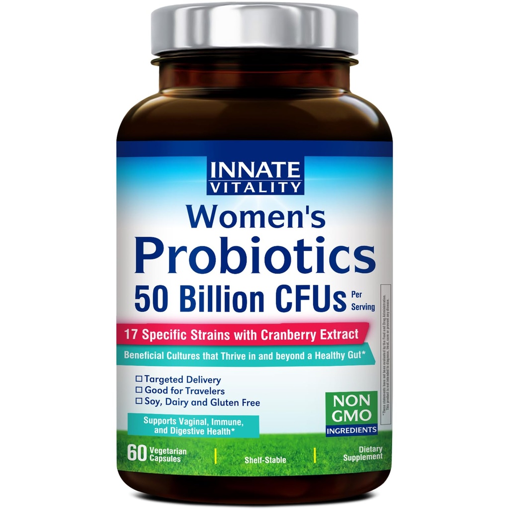 Innate Vitality Probiotika for kvinder, 50 Millioner CFU 'er, 17 Proven Strops, 60 Veggie Caps, Formuleret med Prebiotika og Cranberry Extract, Non- GMO, Understøtter vaginal, fordøjelsessygdomme og immunforsvar