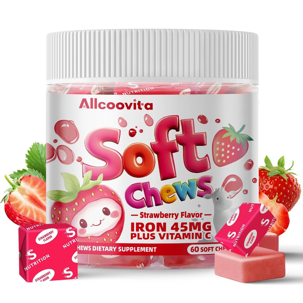 Iron Soft Chews Supplement med C-vitamin; Strawberry Flavored • 124; Gluten Free • 124; Iron Supplement for kvinder Mænd og børn • 124; 60 Greve • 124; 2 Month Supply