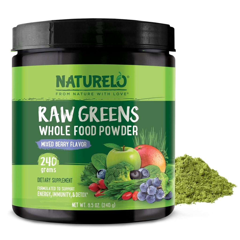 NATURELO Raw Green Superfood Powder 240 Grams, Blandet Berry - Understøtter energi, Immunitet og Detox - Inkluderer Spirulina, Hvede Græs og Økologiske Grønne for hel ernæring