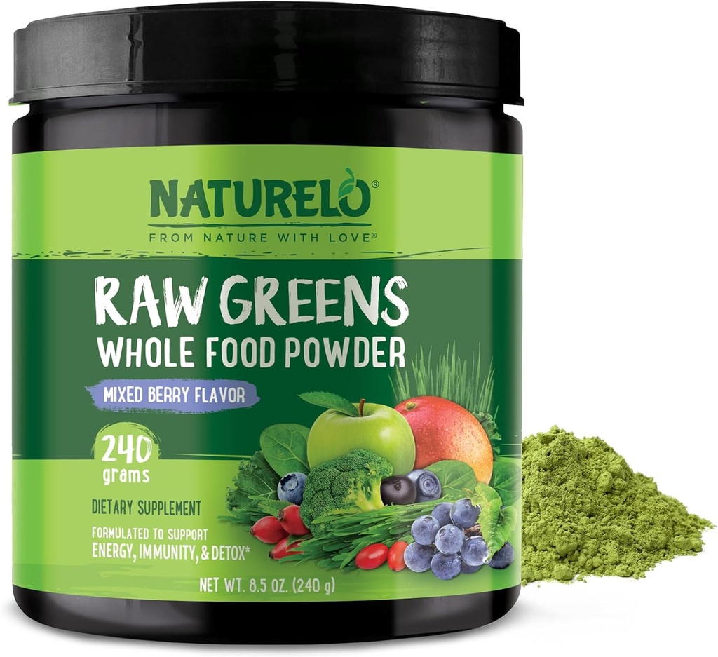 NATURELO Raw Green Superfood Powder 240 Grams, Blandet Berry - Understøtter energi, Immunitet og Detox - Inkluderer Spirulina, Hvede Græs og Økologiske Grønne for hel ernæring