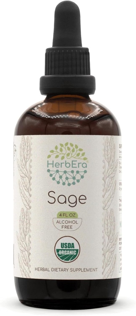 HerbEra Sage B120 USDA Organic Tincture Yep 124; Alkoholfri ekstrakt, Højpotens Herbal Drops Yep 124; Certificeret Organic Sage (Salvia officinalis) Tørret Leaf (4 oz)