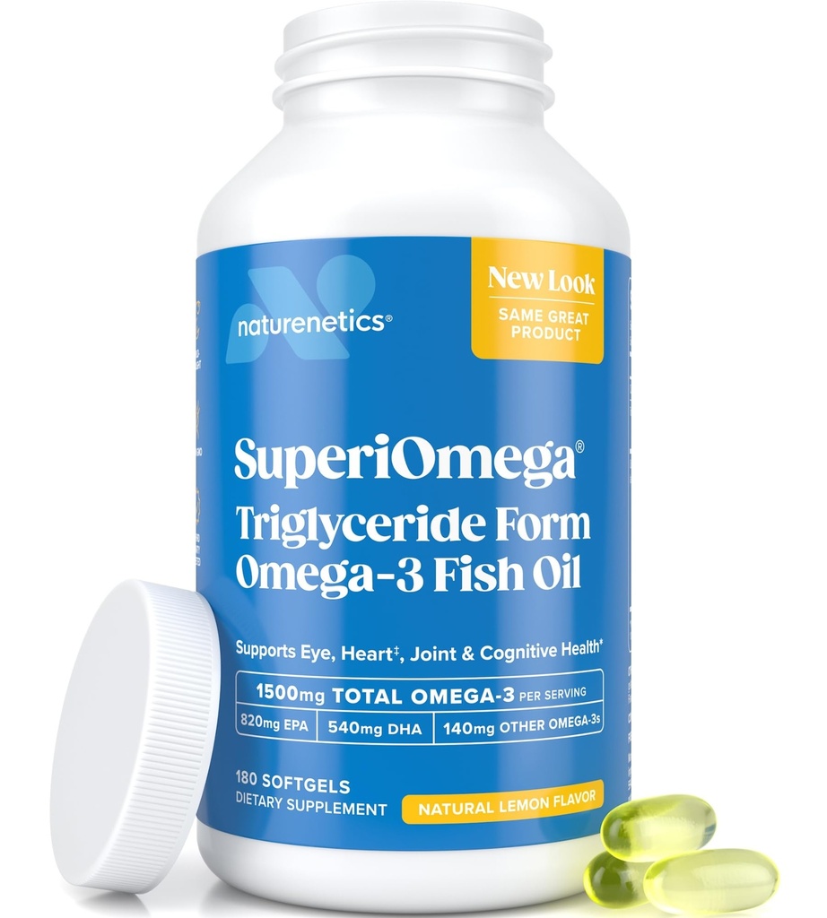 Triglycerid Omega 3 Fish Oil - High EPA & DHA for Eye, Joint, Heart & Brain Support - Omega-3 Fedtsyrer - Lemon Flavor - 180 Softgels - 90 Day Supply