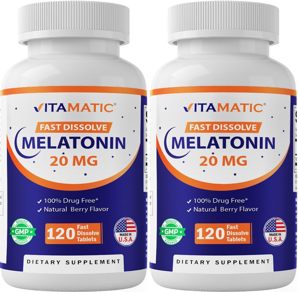 Vitamatic 2 Pack Melatonin 20 mg Fast opløsning 120 tabletter - Natural Berry Flavor 25. 4; Vegetarisk, Non- GMO, Gluten Free (Total 240 tabletter)