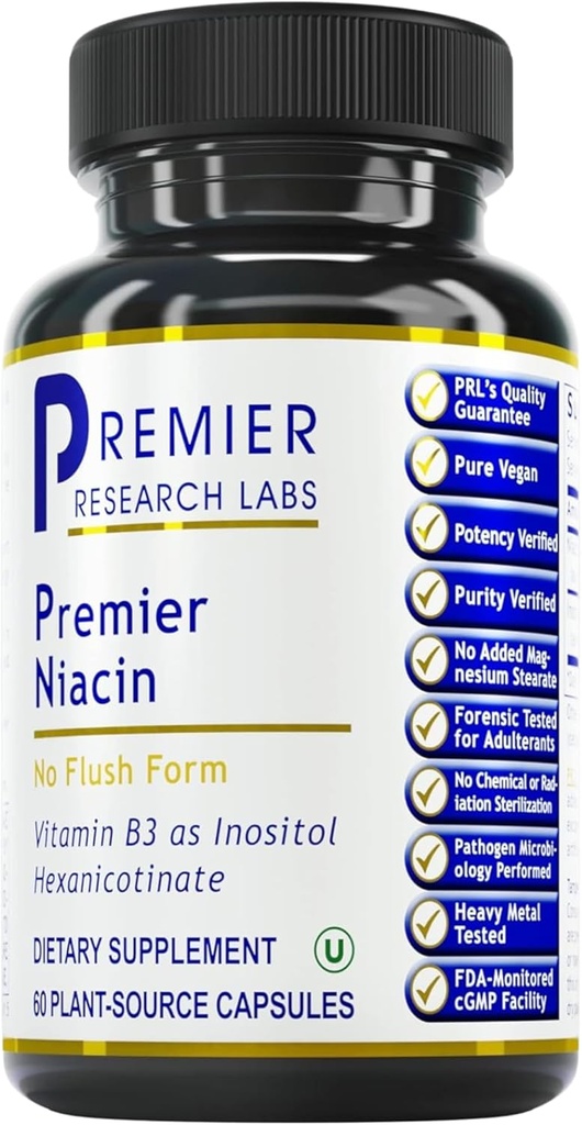 Premier Research Labs Niacin - Flush Free Niacin med Inositol Hexanicotinat, Niacin No Flush, B3 Niacinamid Vitamin supplement til blodcirkulationsstøtte - 60 Vegetariske kapsler