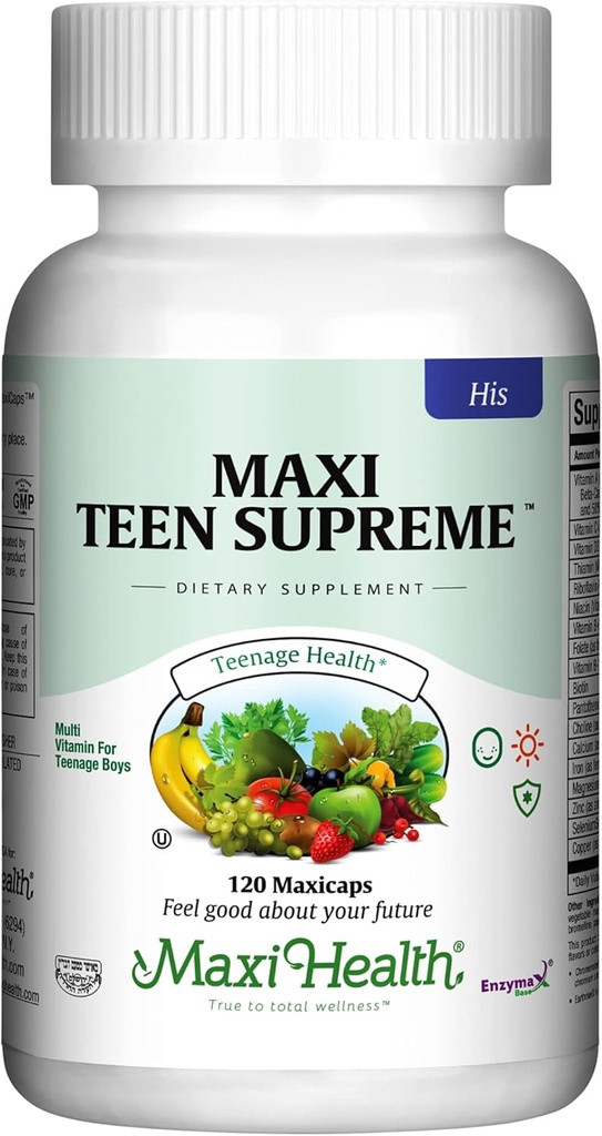 Maxi Health Multivitamin til ham - Drenge Vitaminer til alderen 12- 17 Teen Supreme - Mænds Multivitamin til energi, immunboost, Body & Brain omfatter D3, Jern, Calcium, fordøjelsesenzymer (120 Greve)