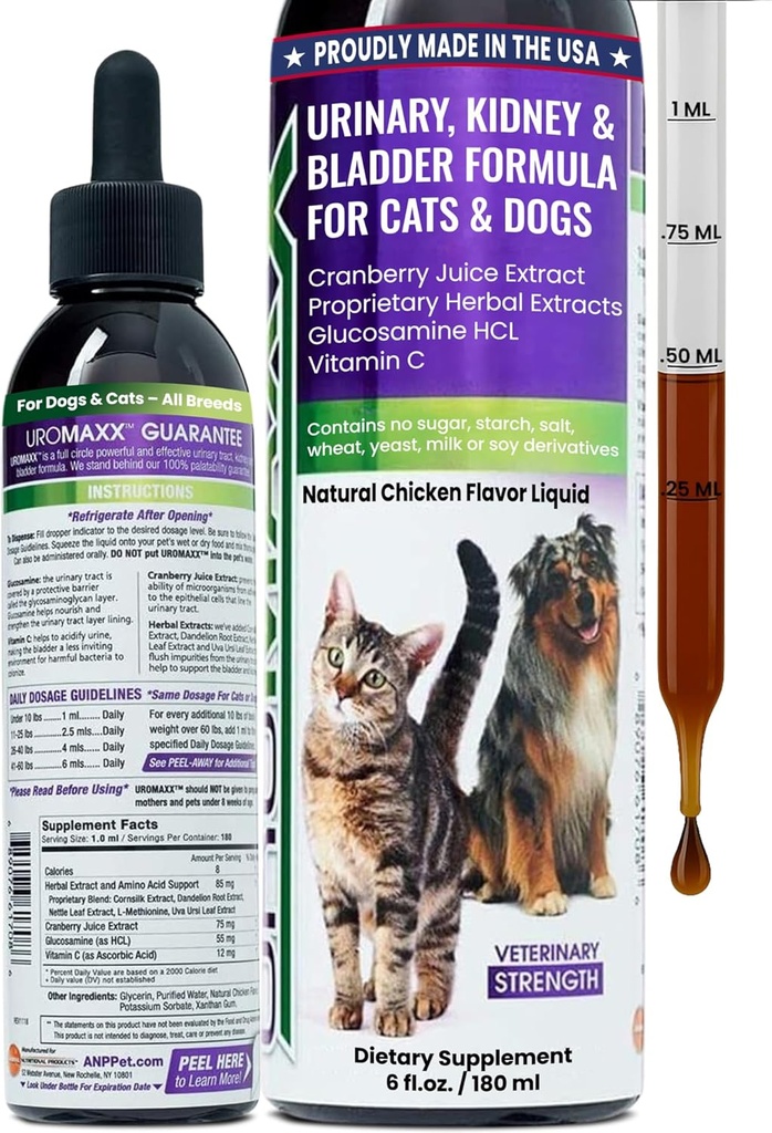 Kat & hund Urinary Tract Treatment, Bstige & Nyre Support for Dogs and Cats, Kraftfuld endnu Gentle Pet Care, med flydende Cranberry & Glucosamin, Chicken Flavor, 6 oz Flaske, 1 pakke