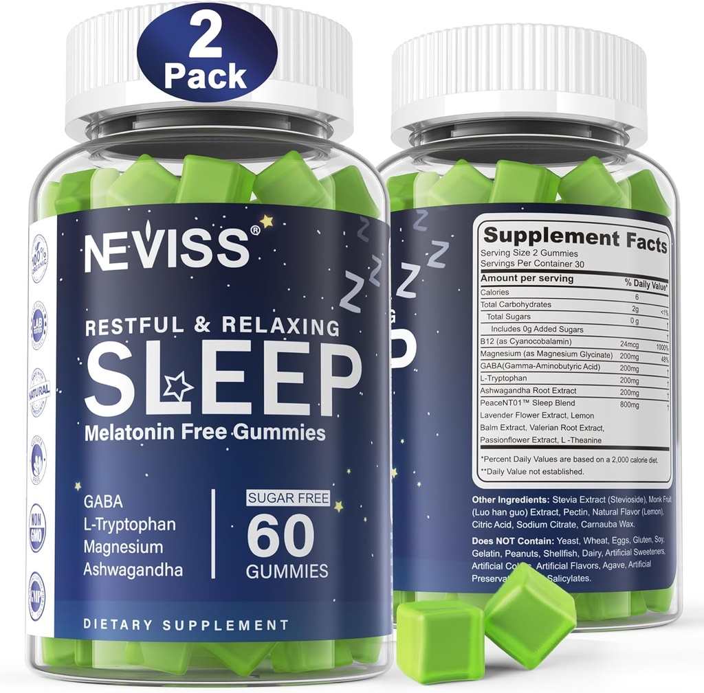 NEVISS Melatonin Free Sleep Aid Gummier for voksne - Magnesium Glycinate Gummies - 124; GABA, L- Tryptophan, Magnesium, Ashwagandha - Ikke-Habit Forming, Hjælp til dyb afspænding - Vegan, Lemon Flavor, 2Pack