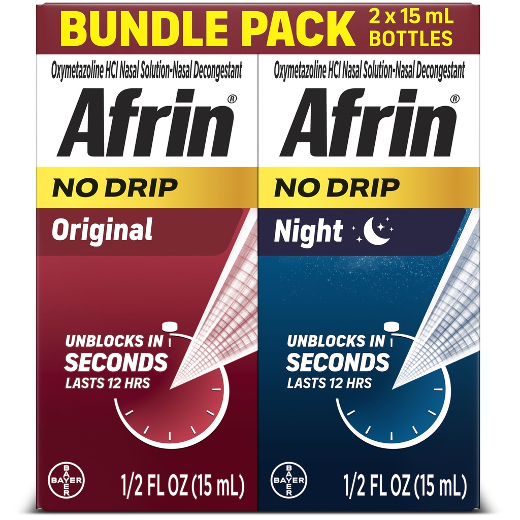 Afrin No Drip Original + Night Nasal Mist Bundle Pack, Non- Drowsy, Fast- Fungerende Decongestant for Nasal Congestion og Sinus Pressure Relief, Voksne og børn 6 og Ældre, .5 fl oz (Pack of 2)