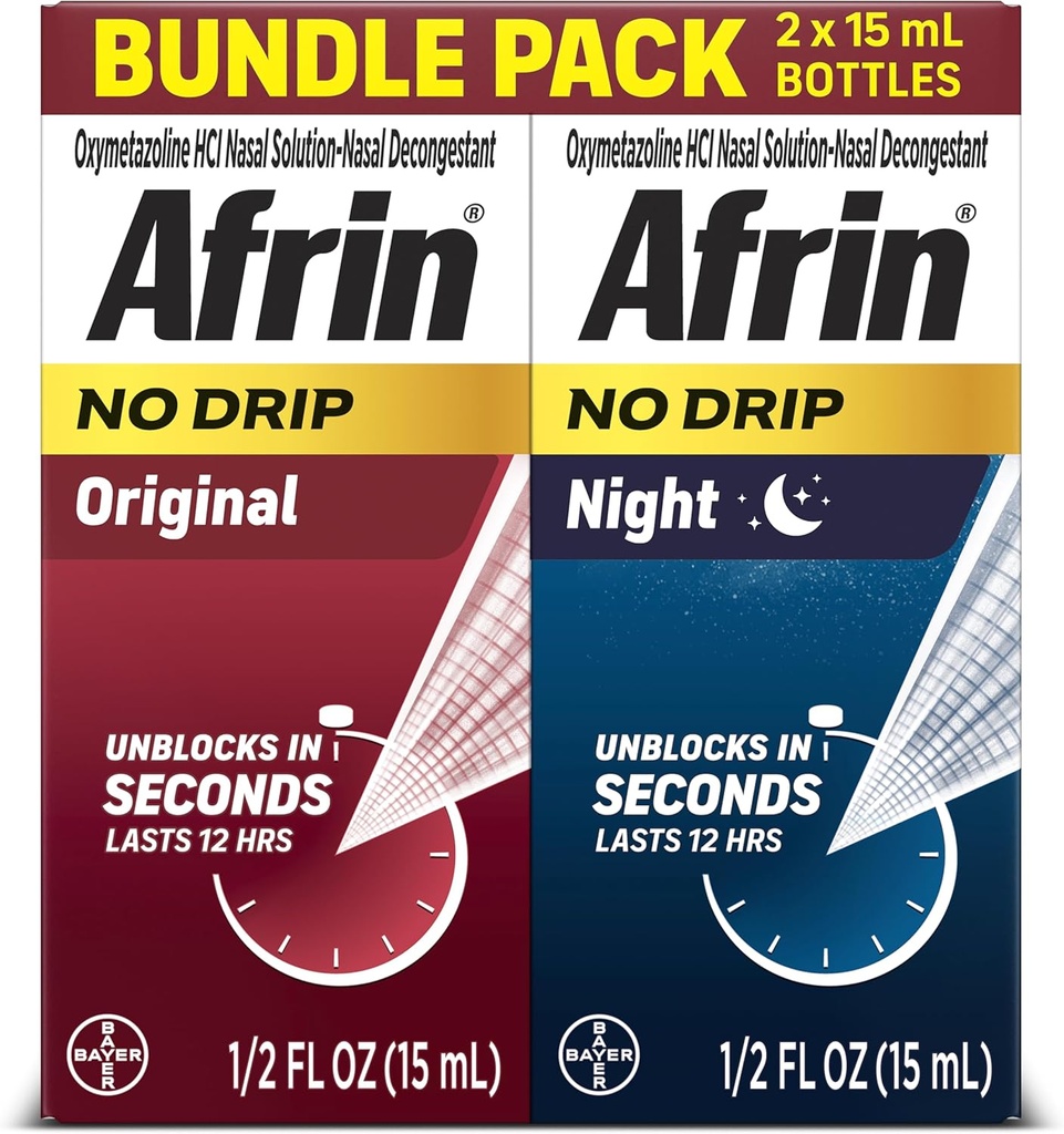 Afrin No Drip Original + Night Nasal Mist Bundle Pack, Non- Drowsy, Fast- Fungerende Decongestant for Nasal Congestion og Sinus Pressure Relief, Voksne og børn 6 og Ældre, .5 fl oz (Pack of 2)