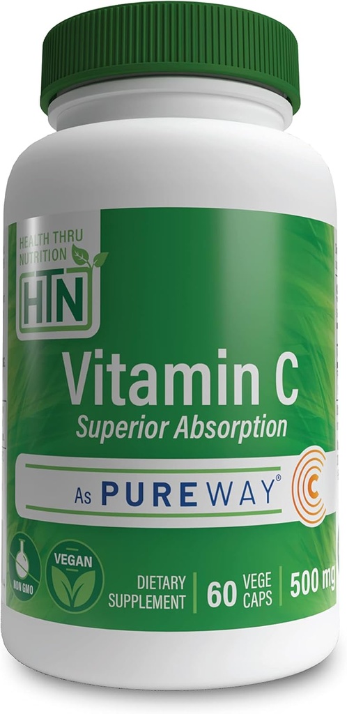 Health Thru Nutrition Vitamin- C 500mg as PureWay- C 60 Vegecaps Superior Absorption 124; Sund immunfunktion og kollagen Support 124; 3. part testet 124; Vegan, Non- GMO og Gluten Free