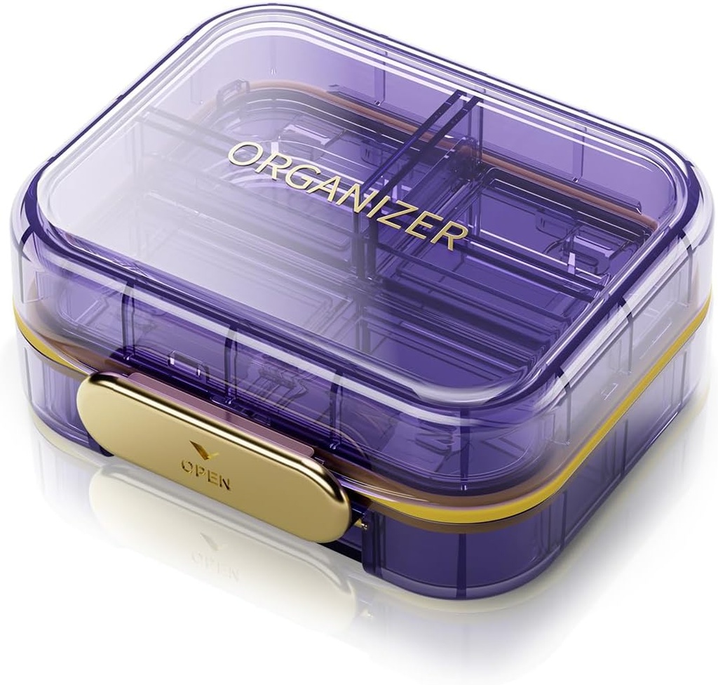 Bærbar Rejsepille Organizer med 7 kompartmenter - Perfekt Ugentlig Pill Case Vandtæt Pill Box til daglige vitaminer og medicin, Lille Pill Container til Pocket Purse (lilla)