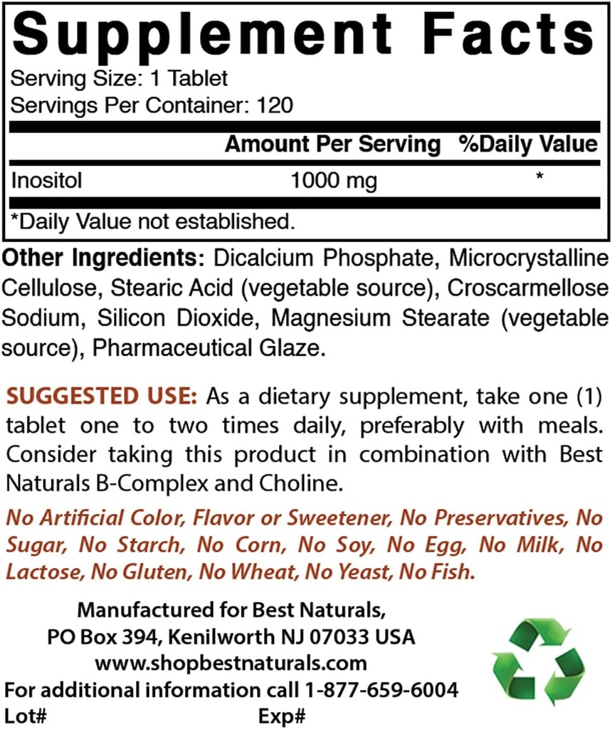 Bedste Naturals Inositol 1000mg & Glycin Supplement 1000 Mg