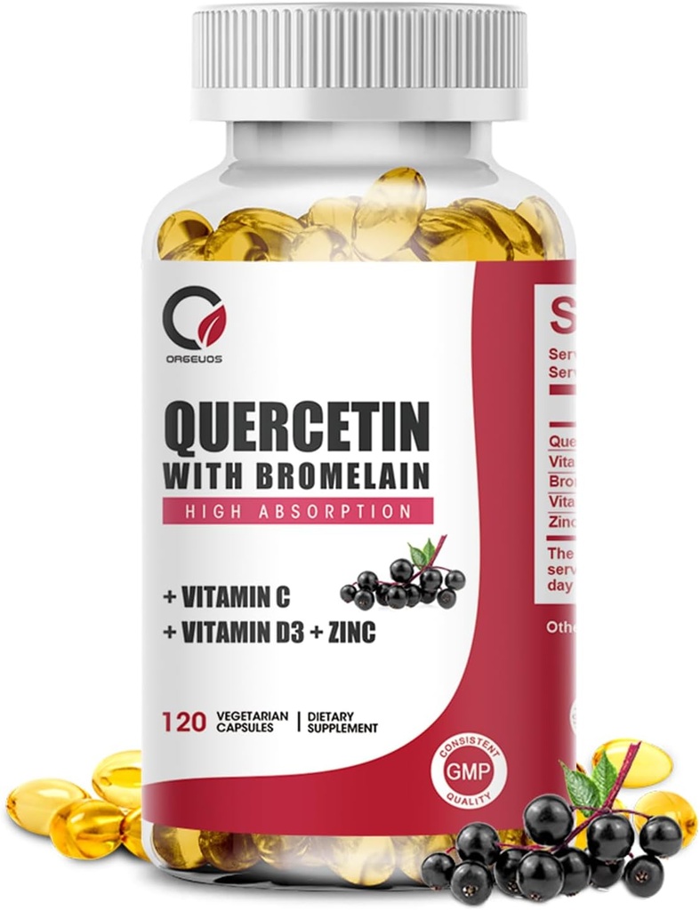 Quercetin 1000mg med Bromelain, C-vitamin & D3, Zink, Bromelain Quercetin Kosttilskud til mænd og kvinder, Non- GMO & Gluten Free, 120 Kapsler