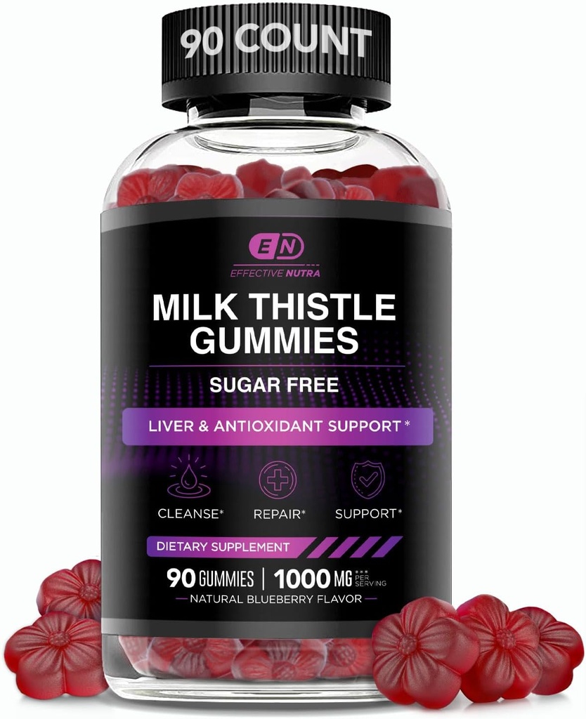 EFFEKTIV NUTRA Milk Thistle Gummies Measures 124; Sugar- Free Milk Thistle Extract 1000mg for Lever Detox & Antioxidant Support Measures 124; Vegan, Gluten- Free Measures 124; 45-Day Supply, Natural Berry Flavor, Made in USA (90 Count)
