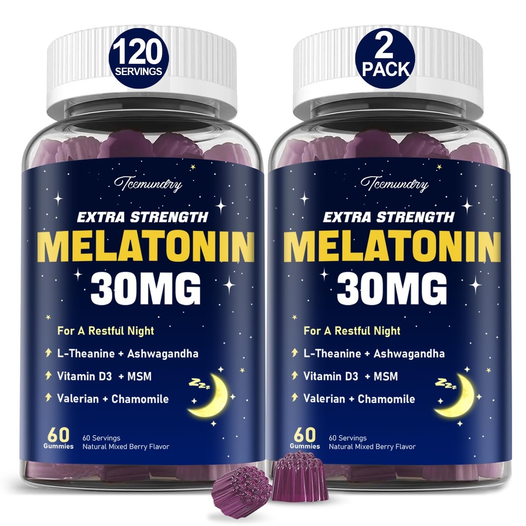 Melatonin Gummies 30mg for Adults: Maximum Strength Melatonin Supplement with L-Theanine, Ashwagandha, MSM, Vitamin D3 & Zinc - Non-Habit Forming, Natural Mixed Berry Flavor 60 Count (Pack of 2)