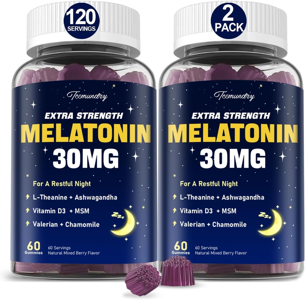 Melatonin Gummies 30mg for Adults: Maximum Strength Melatonin Supplement with L-Theanine, Ashwagandha, MSM, Vitamin D3 & Zinc - Non-Habit Forming, for Rest Cycle, Deep Zzzs, Natural Mixed Berry Flavor