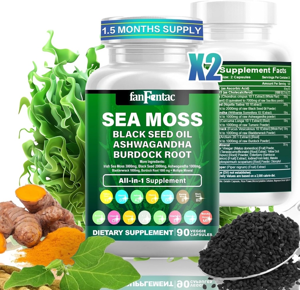 Sea Moss 7000mg - Black Seed Oil 2000mg - Ashwagandha 1000mg - Bladderwrack 1000mg - Gurkemeje 1000mg - Burdock 1000mg - Vitamin C 90mg - Vitamin D3 1000IE - Flere mineraler 350mg - 180 kapsler