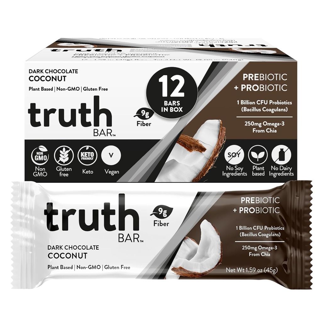 Sandhed Bar Sund Snack, Omega 3 fra Chia, Plant baseret, Prebiotics & Probiotics, Høj fiber, Lav sukker, Keto, Kosher, Dark Chocolate, Vegan, Gluten Free, 12 Ct, 45g ea.