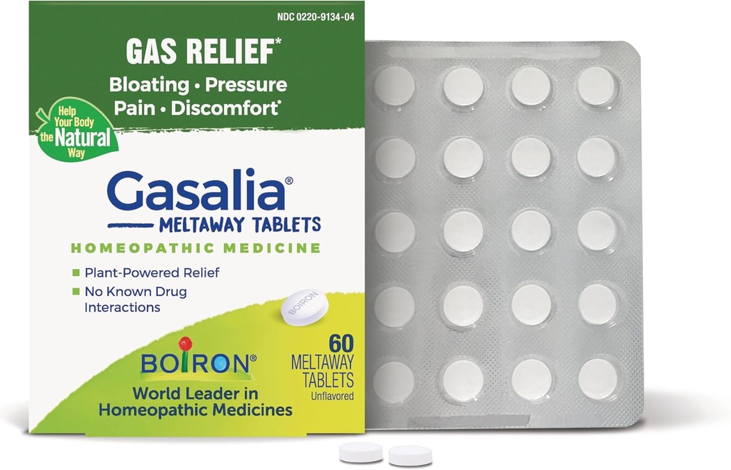 Boiron Gasalia tabletter til lindring fra gastryk, abdominal smerte, bloating, og ubehag - 60 Greve