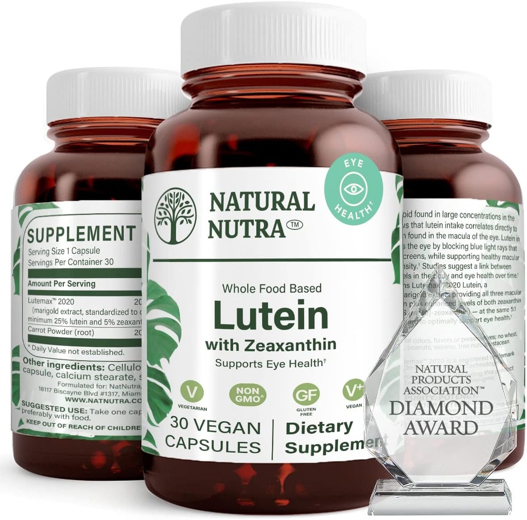 Naturlig Nutra Lutein og Zeaxanthin Supplement, Opretholde Vision Sundhed, Beskytter Cell i øjne, Forbedre Niveau af Zeaxanthin & Isomers, Support Eye Health, Gluten Free, Soy Free, 20mg - 30 Kapsler