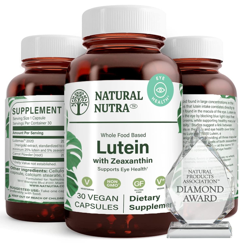 Naturlig Nutra Lutein og Zeaxanthin Supplement, Opretholde Vision Sundhed, Beskytter Cell i øjne, Forbedre Niveau af Zeaxanthin & Isomers, Support Eye Health, Gluten Free, Soy Free, 20mg - 30 Kapsler