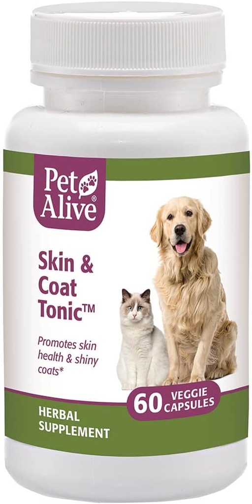 PetAlive Skin and Coat Tonic - Alle naturlige urter supplement til kat og hund hud sundhed og skinnende, Glossy Coats - 60 Veggie Caps