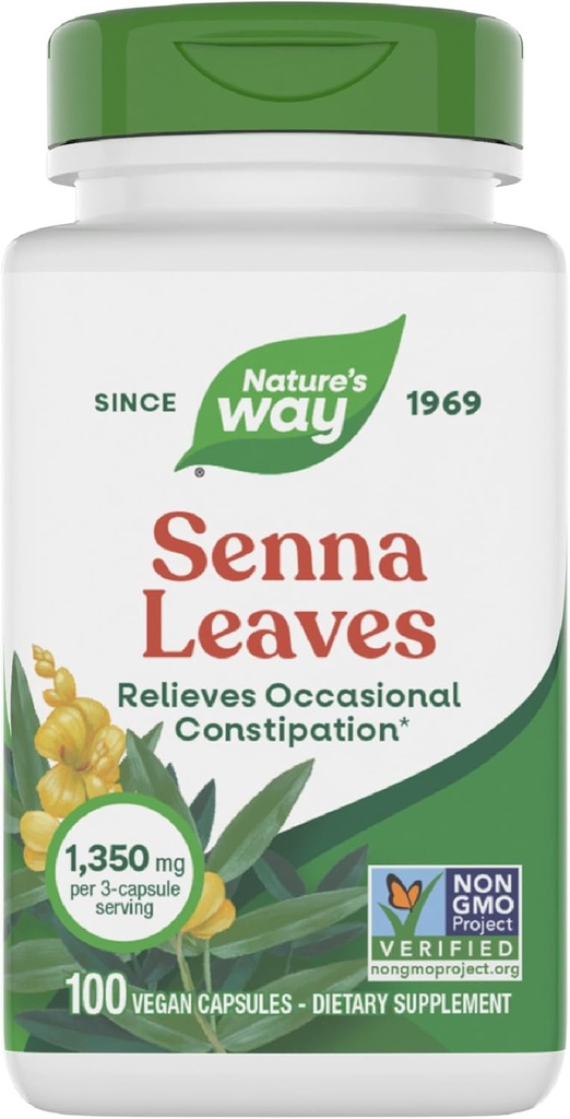 Nature 's Way Senna Leaves, Relieves Occasional Constipation *, 1.350 mg pr 3 - Capsule Serving, Non- GMO Project Verified, 100 kapsler (Packaging May Vary)