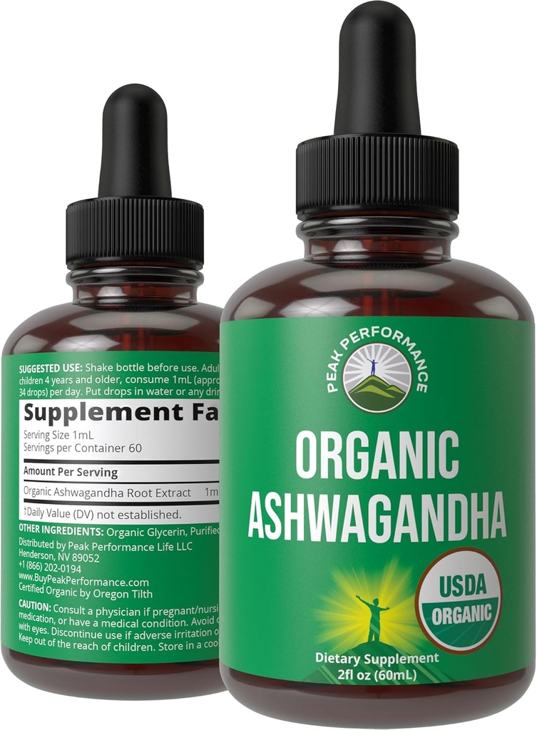 Ashwagandha Liquid Drops. USDA Organic Vegan Supplement. Ekstra styrke Ashwagandha Root Extract til kvinder, Mænd, Kids. med adaptogener. Zero Sugar, Organic, Gluten Free Tincture Kosttilskud.