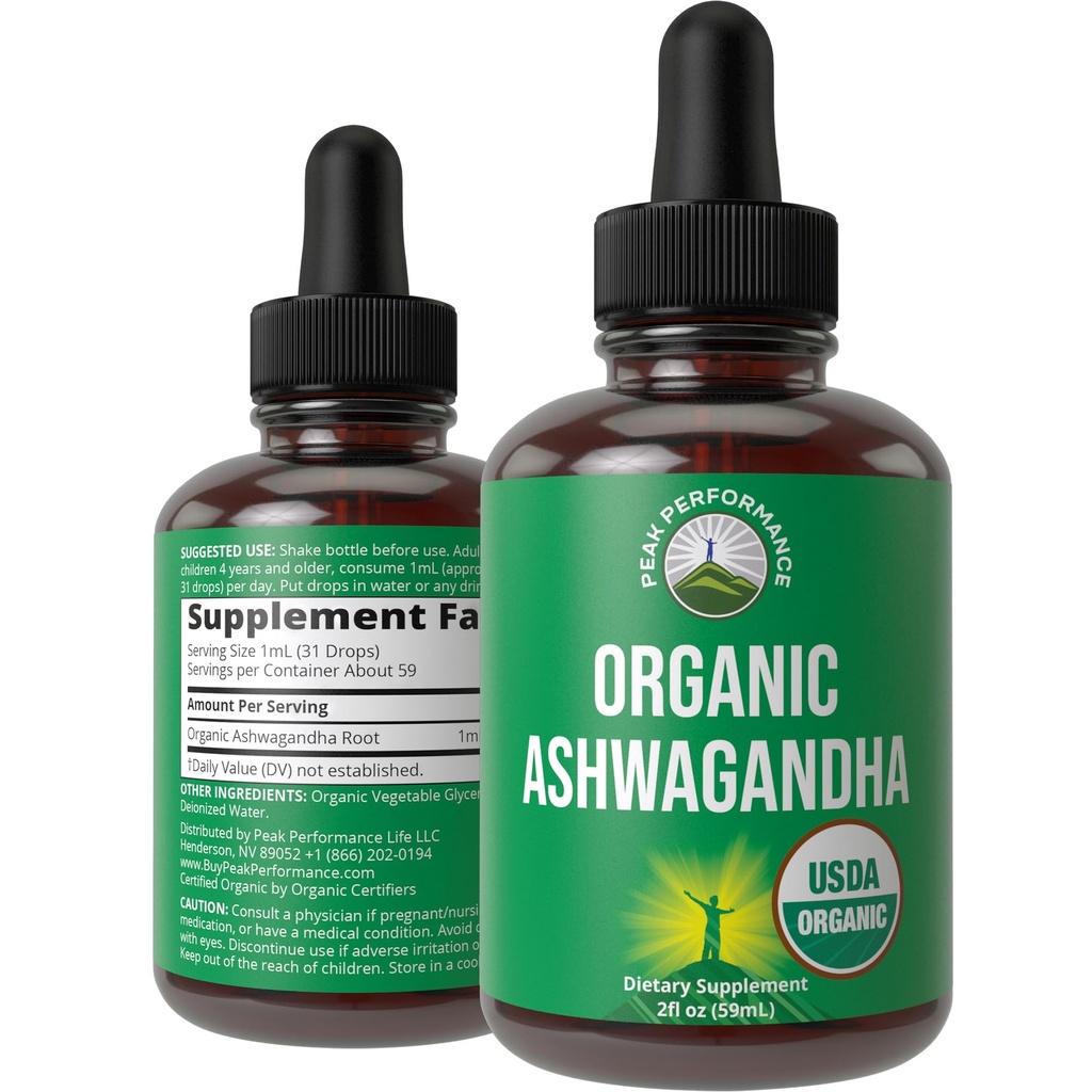Ashwagandha Liquid Drops. USDA Organic Vegan Supplement. Ekstra styrke Ashwagandha Root Extract til kvinder, Mænd, Kids. med adaptogener. Zero Sugar, Organic, Gluten Free Tincture Kosttilskud.