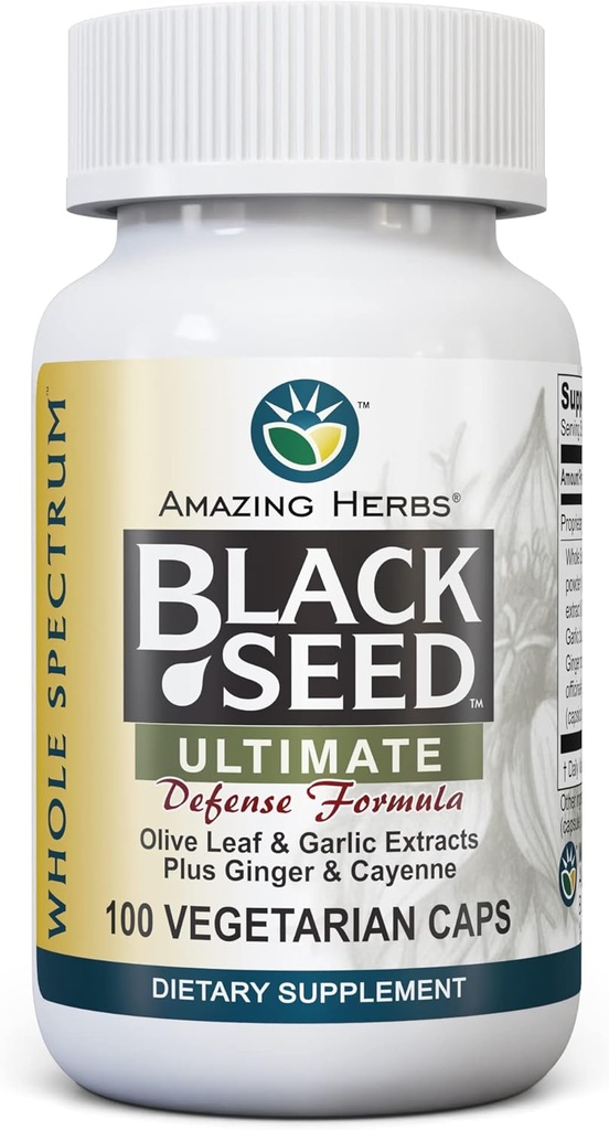 Amazing Herbs Whole Spectrum Black Seed Ultimate, Vegetariske Kapsler - Olive Leaf & Hvidløg Ekstrakter Plus Ginger & Cayenne, Gluten Free, Non GMO, Vegan - 100 Greve