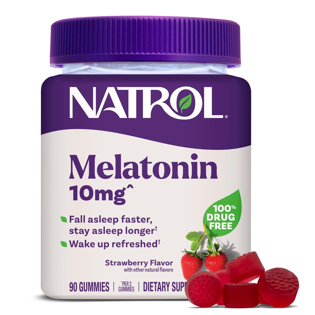 Natrol 10 mg Melatonin Gummies, Sovestøtte til voksne, Melatonin Kosttilskud til søvn, 90 Strawberry- Aromatiserede Gummies, 45 dages forsyning