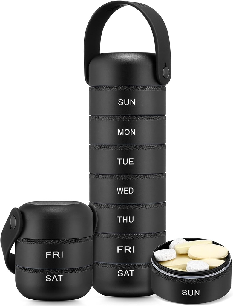 Zannaki Metal Weekly Pill Organizer, Stor rejse Pill Box 7 Dag, Vandtæt Daily Pill Case med Silicone Handle, Aluminium Alloy Portable Pill Holder Container til Vitamin, Medicin, tillæg, piller